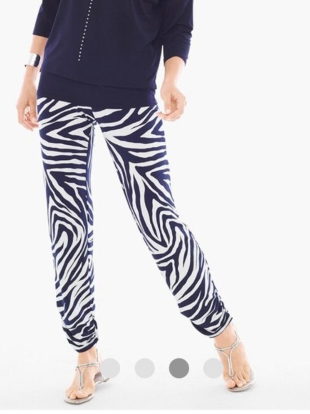 CHICOS TRAVELERS Navy Blue & White Zebra Striped Knit Pants Ruched Sz 1 8